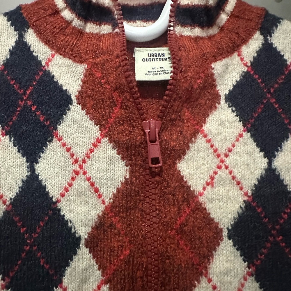 Urban Outfitters women’s Zip-Up Sweater - Rust and Navy Argyle